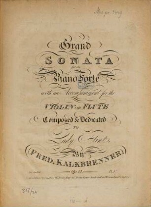 Grand sonata : for the pianoforte with an accompaniment for the violin or flute ; op. 22