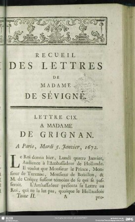 Lettre CIX. A Madame De Grignan. A Paris, Mardi 5. Janvier, 1672