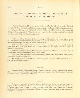 English translation of the Italian text of the treaty of Peking, 1866