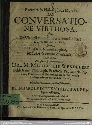 Exercitatio philosophica moralis de conversatione virtuosa