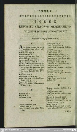Index Rerum Et Verborum Memorabilium De Quibus In Notis Admonitum Est