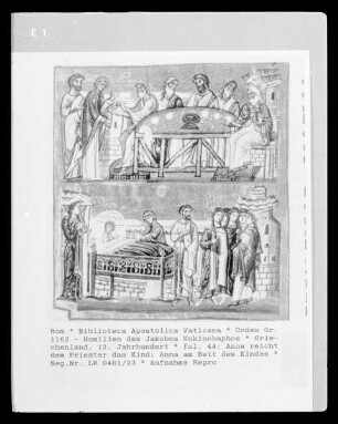 Codex Gr. 1162 - Homilien des Jakobos Kokinobaphos — Anna reicht dem Priester das Kind; Anna und Joachim am Bett des Kindes, Folio fol. 44