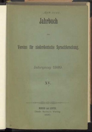 15: Jahrbuch des Vereins für Niederdeutsche Sprachforschung