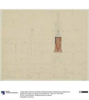 Darmstadt, Dreihäusergruppe, Predigerhaus, Erdgeschoss, Amtszimmer, Raum 28, Aufriss und Grundriss der Westwand