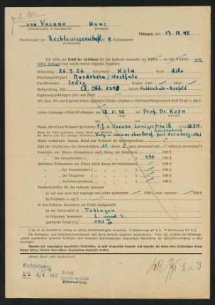 Antrag auf Erlass der Gebühren 13.11.1948