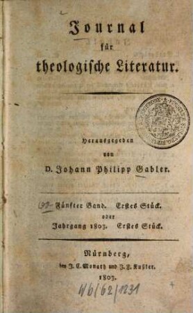 Journal für theologische Literatur. 5, 5 = St. 1 - 6. 1803