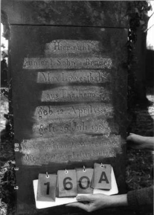 Grabstein 160 (Index: 100100232) Zustand: stark mit Efeu bewachsen Maße HxBxT: 159x50x39 cm: Grabstein 160A