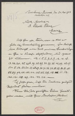 Brief an B. Schott's Söhne : 24.05.1913