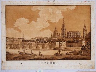 Stadtansicht von Dresden, Blick von Westen über die Elbe mit Schiffen auf Augustusbrücke und Altstadt