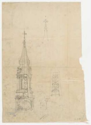 Thiersch, Friedrich von; Ludwigsburg; Garnisonkirche - Kirchturm (Ansicht, Schnitte); Glockengerüst (Detail)