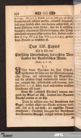 Das XIII. Capitel hält in sich eine Einfältige Untersuchung des rechten Verstandes der Apostolischen Worte.