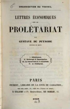 Organisation du travail : Lettres économiques sur le proletariat
