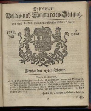 9. Stueck, Montag den 27ten Februar 1758
