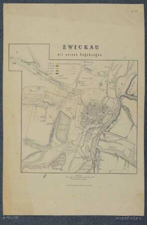 Stadtplan von Zwickau und Umgebung mit einer Legende zur Verbreitung der Cholera-Epidemie 1866 im Stadtgebiet, mit einem Maßstab in Dresdner Ellen