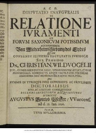 Disputatio Inauguralis De Relatione Iuramenti Ad Forum Saxonicum Potissimum Accommodata