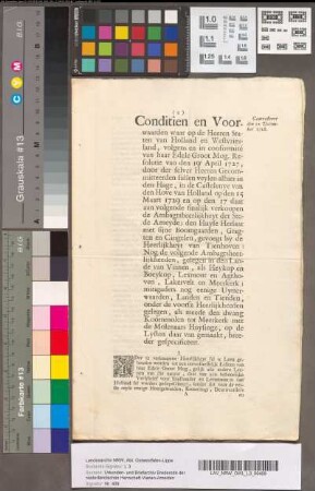 Conditiën van verkooping van de ambachtsheerlijkheden, uiterwaarden, woningen, hofsteden, laden en tienden, behoorende tot de domeinen van Vianen, door de Staten van Holland gearresteerd 22 December 1728. Gedrukt, fo.