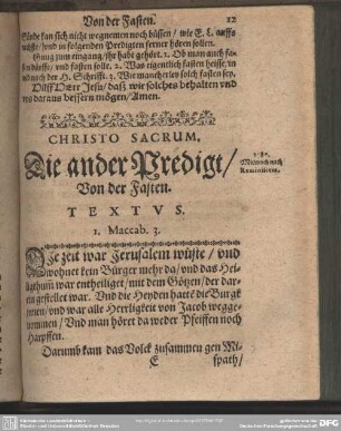 Christo Sacrum. Die ander Predigt, Von der Fasten. Textus. 1. Maccab. 3