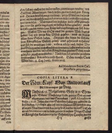 H2r-H3r, Copia Litera F. Der Römisch Kayserlichen Mayestät Antwort auff die sub utraque zu Prag.