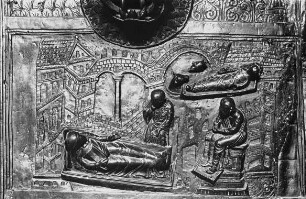 Hildesheim, Dom St. Maria, Bronzetür, sog. Bernwardstür, rechter Flügel, 7. Feld v. o., Geburt Christi