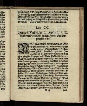 Litt. CC. Hertzog Fridrichs zu Holstein/ etc. AntwortSchreiben an den Herrn ErtzBischoffen/ etc.