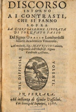 Discorso intorno ai contrasti che si fanno sopra la Gierusalemme Liberata di Torquato Tasso