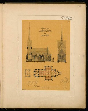 Zweischiffige Dorfkirche in märkischem Backstein für 300 Sitzplätze Monatskonkurrenz Juni 1877: Grundriss Erdgeschoss, Orgelempore, Längsschnitt, Querschnitt (Richtung Turm), Detail: Pfeilerbündel der Vierung; Maßstabsleiste