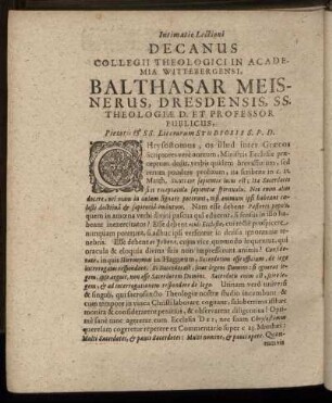 Intimatio Lectioni Decanus Collegii Theologici In Academia Wittebergensi Balthasar Meisnerus, Dresdensis [...]