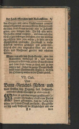 VII. Class. Von Bann- Gerichts- Reden/ und was sonsten bey Hegung des hochnoth- peinlichen Halß- Gerichts zu observiren ist.