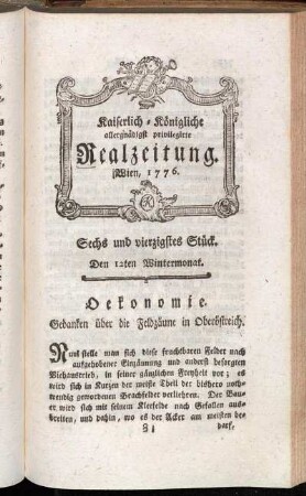 Sechs und vierzigstes Stück. Den 12ten Wintermonat. Wien, 1776.