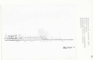Kurhaus, Berlin-Tegel (Diplomarbeit bei Bernhard Hermkes): Ansicht vom Malchsee und Schnitt 1:200