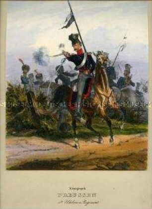 Uniformdarstellung, Ulanen mit Lanzenflaggen zu Pferd im Angriff, 4. Ulanen-Regiment, Preußen, 1838/1843. Aus: Eckert/Monten: Das deutsche Bundesheer. Tafel 24.