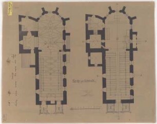 Liebstadt, Stadtkirche, Grundrisse : Liebstadt, Stadtkirche, zwei Grundrisse, Plankopie mit Ergänzungen und Änderungen in Bleistift und Feder, Richard Steche, um 1890. Feder, Bleistift/Papier. 46 x 58 cm. Bez.: "Kirche zu Liebstadt." Maßstab mit Maßeinheit "Meter" (10 Meter=10 cm).