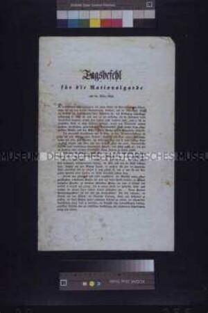 Bekanntmachung: Tagesbefehl für die Nationalgarde vom Oberkommandanten der Nationalgarde Hoyos; Wien, 16. März 1848