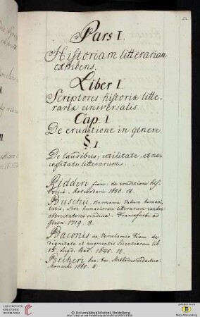 Systematischer Bibliothekskatalog, Pars I. Historiam litterariam exhibens