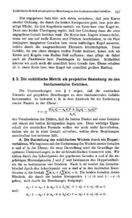 § 3. Die euklidische Metrik als projektive Beziehung zu den fundamentalen Gebilden.