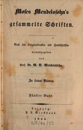 Moses Mendelssohn's gesammelte Schriften : in sieben Bänden. 5