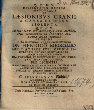 Dissertatio Medica Inavgvralis De Laesionibvs Cranii A Cavsa Externa Violenta