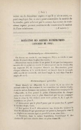 Agrégation des sciences mathématiques (concours de 1892).