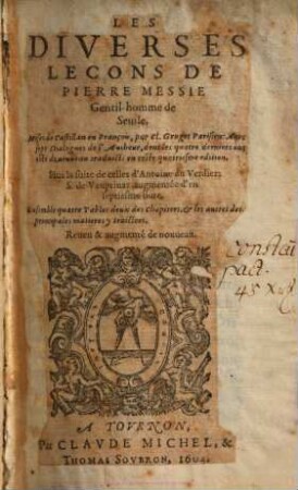 Les Diverses Lecons De Pierre Messie Gentil-homme de Seuile