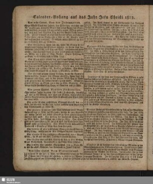Calender-Anhang auf das Jahr Jesu Christi 1812