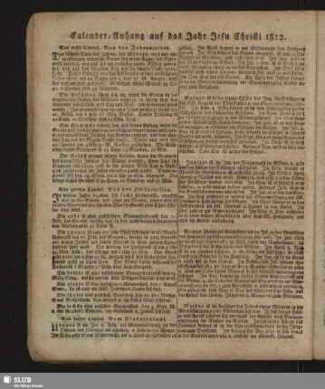 Calender-Anhang auf das Jahr Jesu Christi 1812