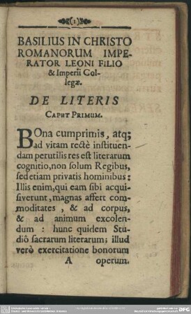 Basilius In Christo Romanorum Imperator Leoni Filio & Imperii Collegae. De Literis
