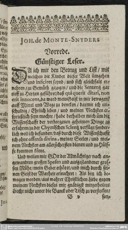 Johann de Monte-Snyders Vorrede. Günstiger Leser