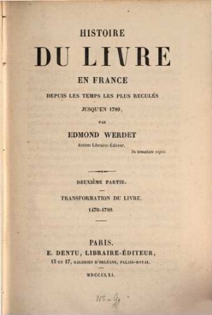 Histoire du livre en France depuis les temps les plus reculés jusqu'en 1789. 2
