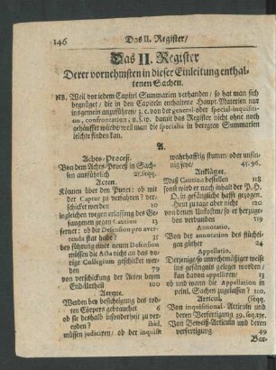 Das II. Register Derer vornehmsten in dieser Einleitung enthaltenen Sachen