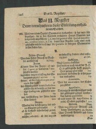 Das II. Register Derer vornehmsten in dieser Einleitung enthaltenen Sachen