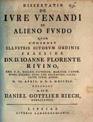 Dissertatio De Ivre Venandi In Alieno Fvndo