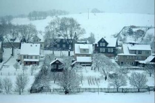 verschneiter Hang mit Wohnhäusern und Gärten