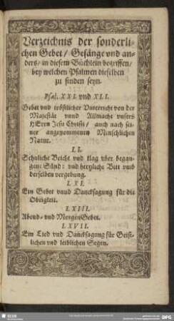 Verzeichnis der sonderlichen Gebet, Gesänge und anders, in diesem Büchlein begriffen, bey welchen Psalmen dieselben zu finden seyn