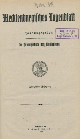50.1921/22: Mecklenburgisches Logenblatt